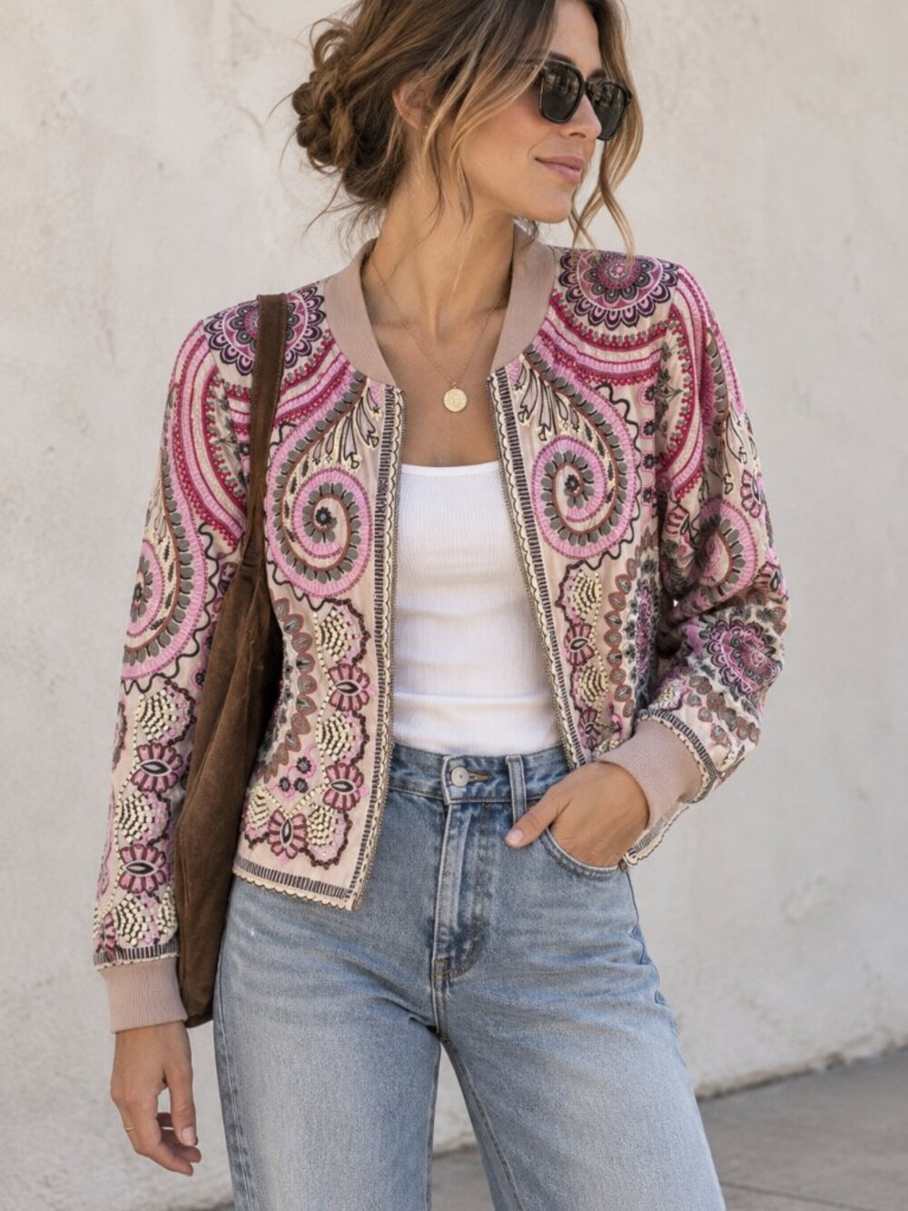Ruby Yaya Paisley Utah Multi Pink Embroidered Full Zip Lined Bomber Jacket M